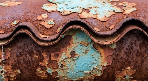 Close-up of Corrugated Metal with Peeling Paint and Rust.
