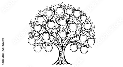 Black and White Apple Tree Illustration Coloring Page