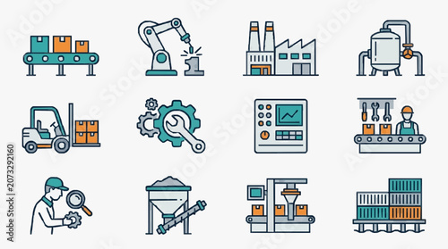 Professional Illustrated Icons of Industrial Automation Manufacturing and Warehouse Operations in Minimalist Style