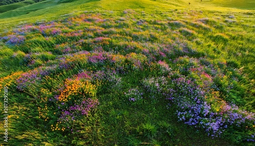 Aerial View Of Colorful Wildflowers And Green Grass In A Meadow
