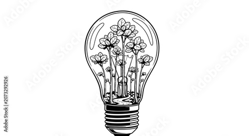 Konstfotografi Black and White Illustration of a Light Bulb Containing a Forest