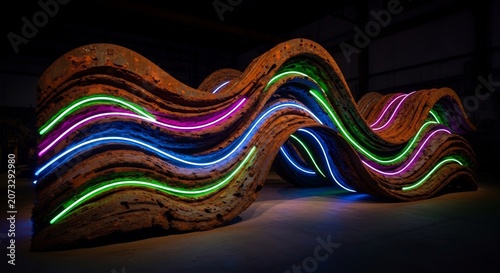 Abstract Neon Wave Sculpture Illuminated in Darkness.
