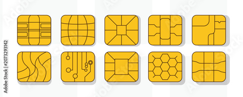Fotografie A collection of golden smart cards with integrated circuits and varying chip lay