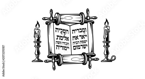 Foto Black and White Illustration of Jewish Torah Scroll and Sabbath Candles