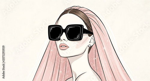 Glamour chic woman with elegant updo hairstyle wearing oversized black square sunglasses and pink glitter veil. Pop art fashion illustration style.