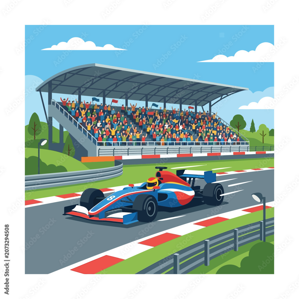 Naklejka premium Formula 1 racing car speeds on track with grandstand crowd cheering