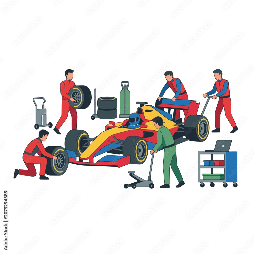 Naklejka premium Race Car Pit Stop: Mechanics Repairing Formula 1 Car, Tire Change, Tools, Pit Crew