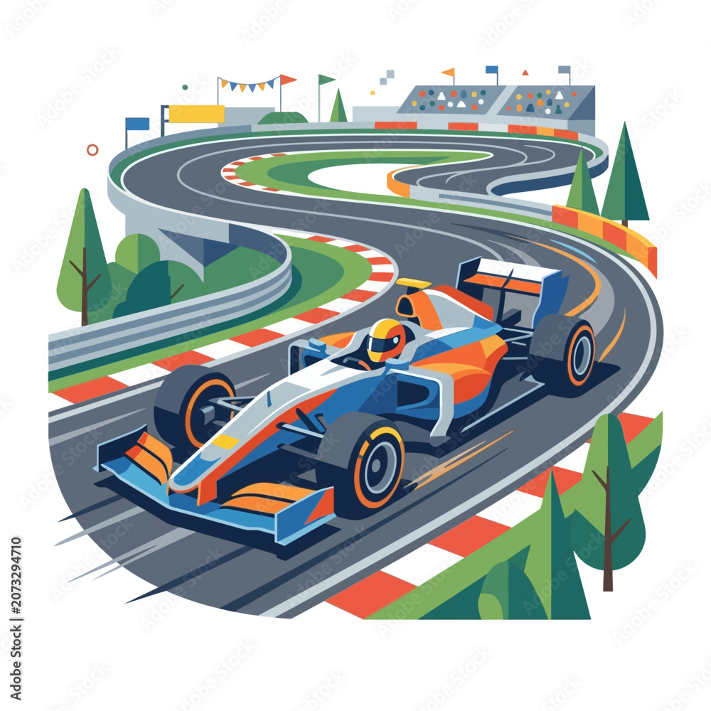 Naklejka premium Formula 1 car racing on a winding track with grandstands and trees, speed concept