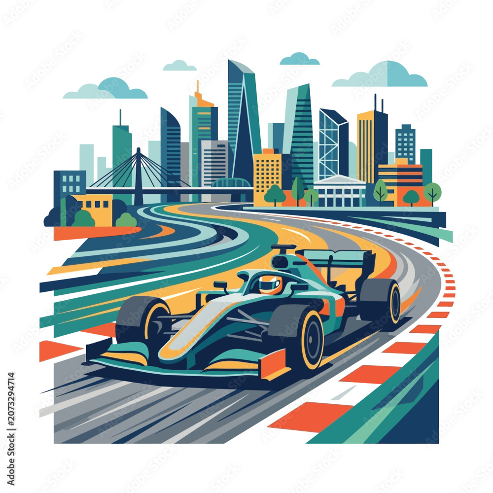 Naklejka premium Fast Formula 1 Race Car Speeds Through Urban Cityscape Track, Modern City Backdrop