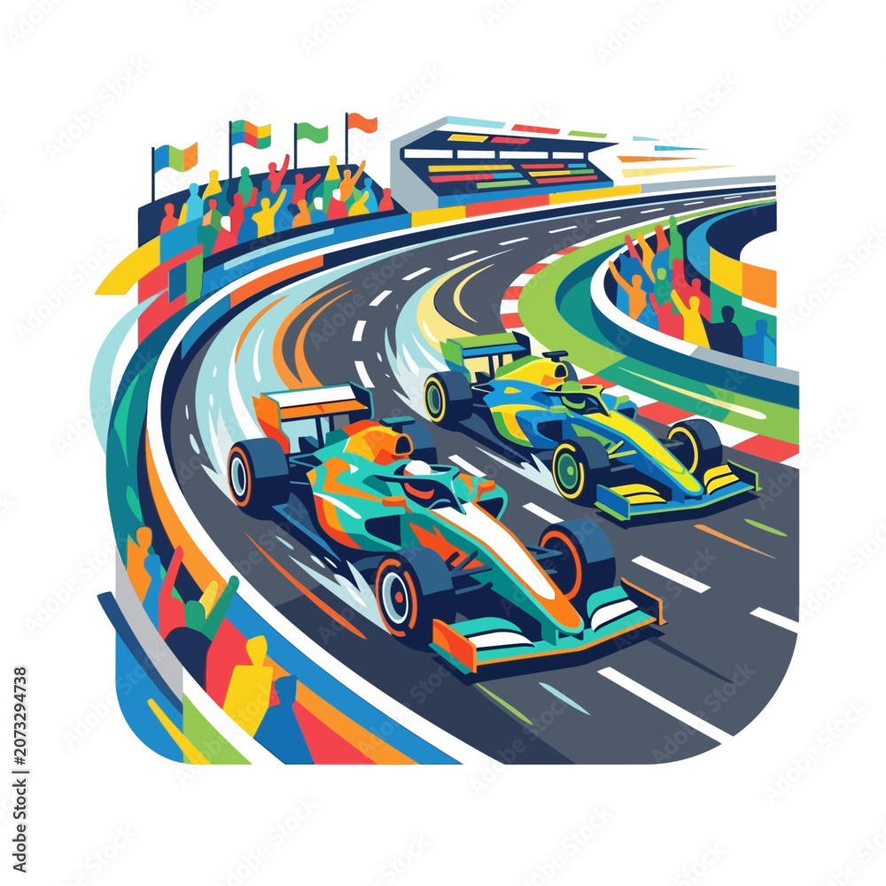Naklejka premium Formula 1 Cars Racing with Colorful Crowd and Grandstand
