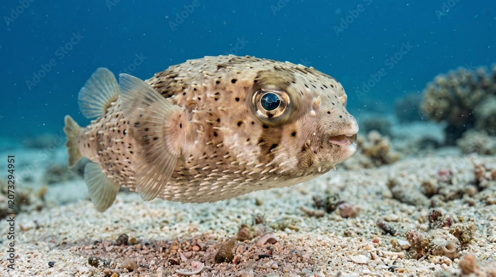 Fototapeta premium A porcupinefish, inflated defensively, floats near the sandy seabed in clear blue ocean water, showcasing its spiky exterior and round body.