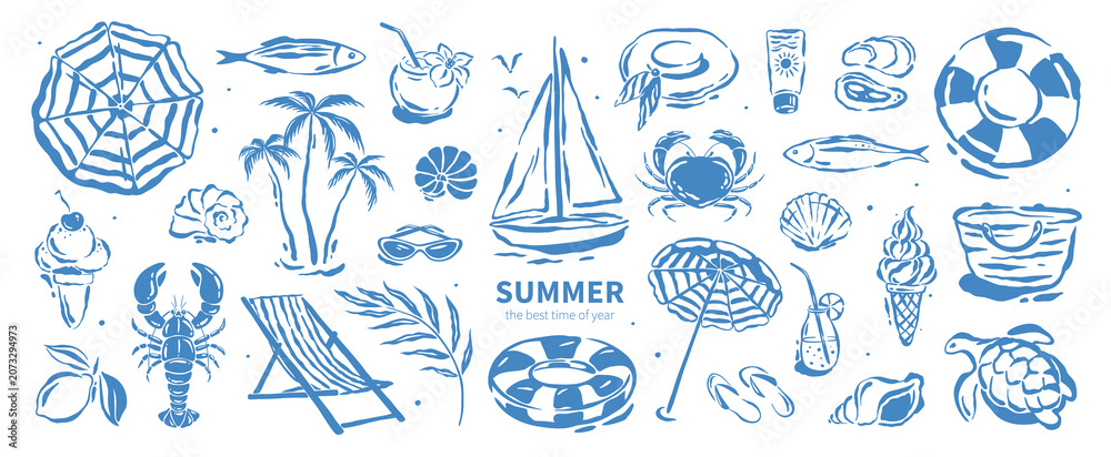 Fototapeta premium Collection summer Mediterranean elements. Hand drawn vector illustration for summer designs, cover, advertisement and posters