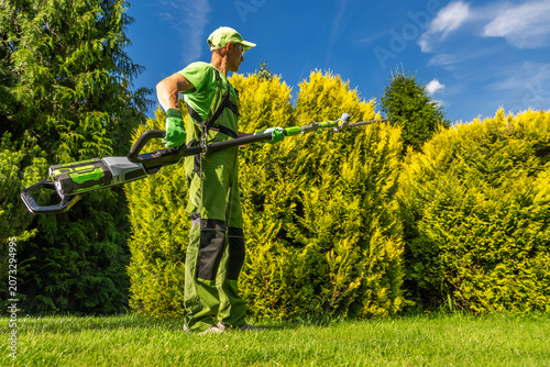 Foto Gardener using a pole trimmer to care for bushes in a yard