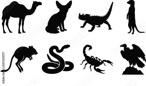 Canvas Print Desert and Exotic Wildlife Silhouette Set with Camel Snake Scorpion and Vulture