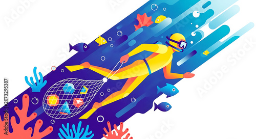 Scuba diver in bright yellow wetsuit collecting marine plastic garbage in fishing net under water among coral reefs. Colorful geometric flat vector illustration style.