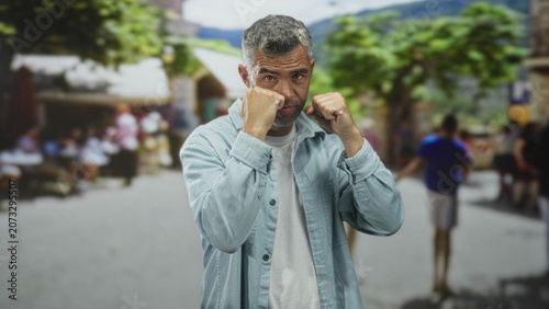 Fotografía Middle aged man with grey hair and fists raised in fighting stance on a busy street market wearing light denim shirt and white tee; determination