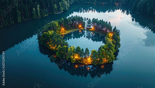 Peaceful island in serene lake water.
