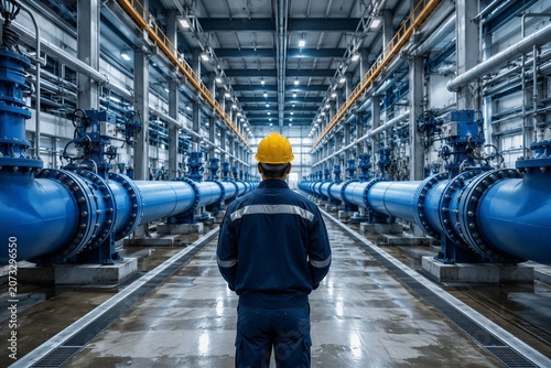 Engineer standing between large industrial water supply pipes in a manufacturing water treatment