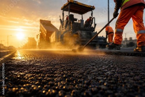 Road construction workers paving highway with asphalt at sunset construction machinery industrial