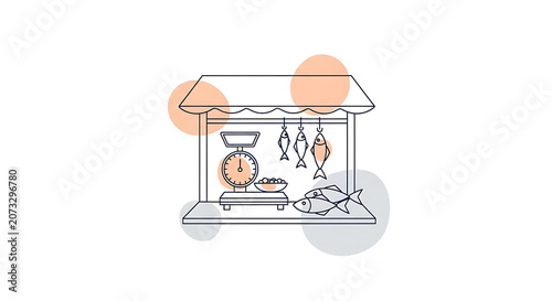 Minimalist seafood shop stand illustration with hanging fishes, scale and round abstract color shapes. Clean vector line art style.