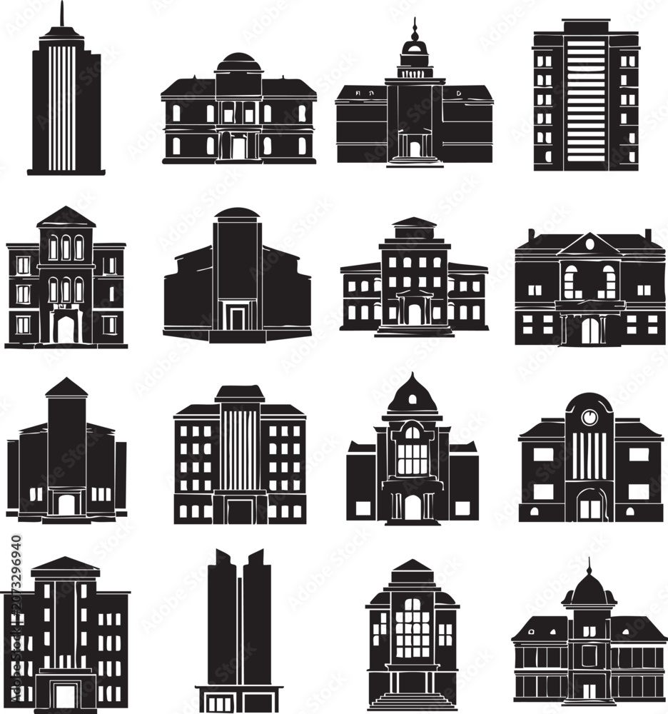 Fototapeta premium Set of city buildings and architectural structure silhouettes with building architecture skyscraper structure silhouette apartment