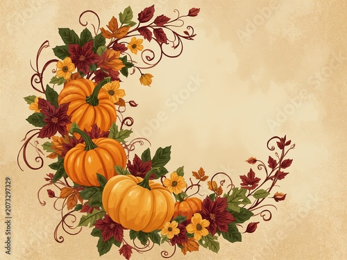 Autumn Pumpkins Floral Arrangement on Vintage Background for Fall Harvest Decor