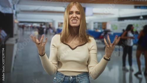Konstfotografi Woman redhead with hands raised and pleading gesture in busy airport terminal; frustration urgency delay