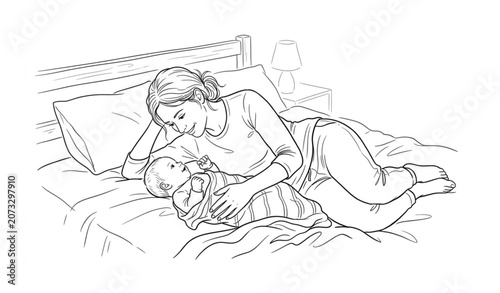 Mommy and Baby Lying on Bed Black and White Vector Sketch