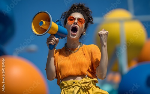 Cheerful activist woman with curly hair protesting with a megaphone. Colorful yellow and orange outfit, isolated on clear blue sky.
