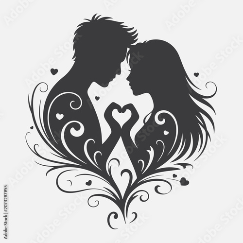 Romantic Couple Love Silhouette Floral Heart Design