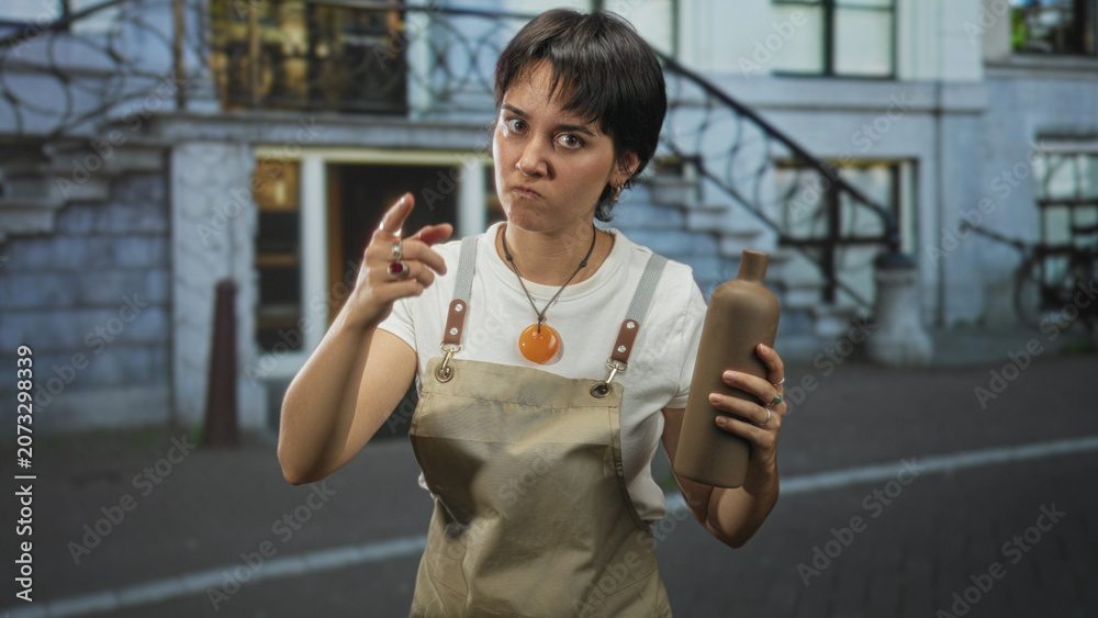 Fototapeta premium Woman in apron holding pottery bottle with finger pointing gesture toward camera in street; warning annoyed craft.