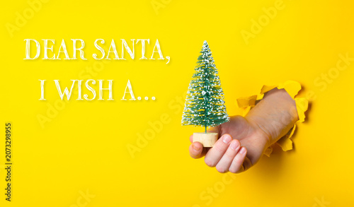 Hand holding a small Christmas tree emerging from a yellow background, conveying a festive wish for the holiday season and capturing the spirit of Christmas and New Year celebrations