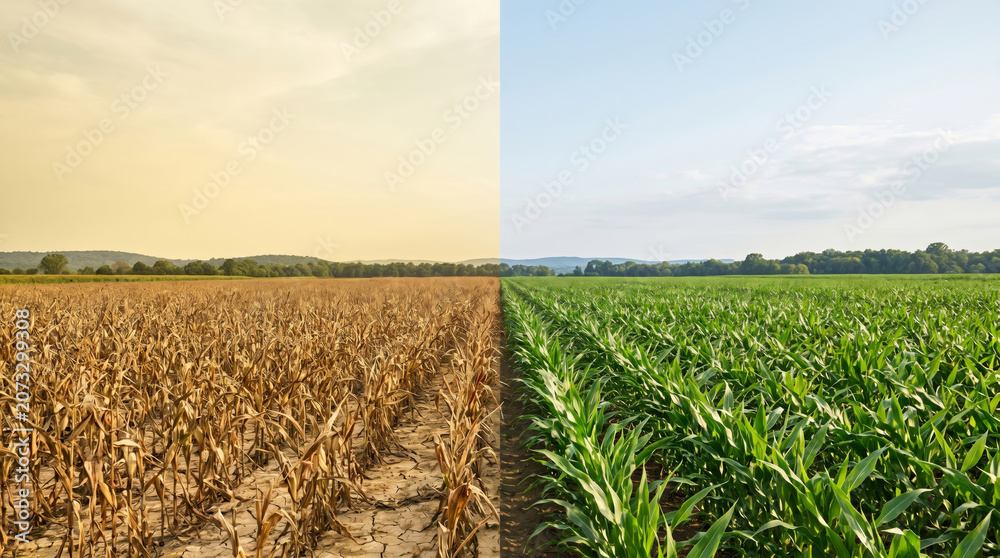 Fototapeta premium Heatwave drought field risk climate change contrast concept agriculture hope. Warming hazard emergency. climate change warning, temperature drought, weather hot summer