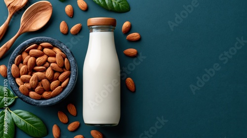 Glass bottle of fresh almond milk surrounded by whole almonds and leaves
