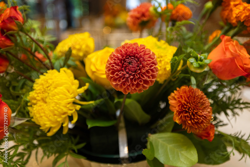 Colorful Autumn Floral Arrangement with Dahlias, Roses and Seasonal Blooms