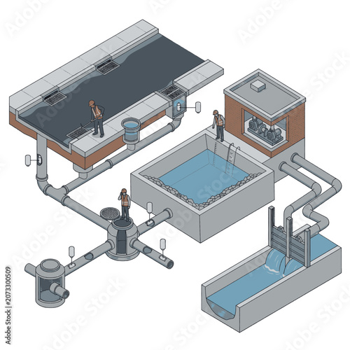 Diagram illustrating a modern urban stormwater management system with underground pipes and water treatment facilities.