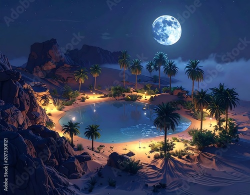Moonlit Tropical Oasis Resort at Night.