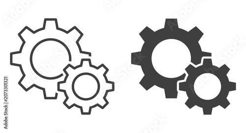 Fotografie Dual gear mechanism icons in solid black and outline art styles with interlockin