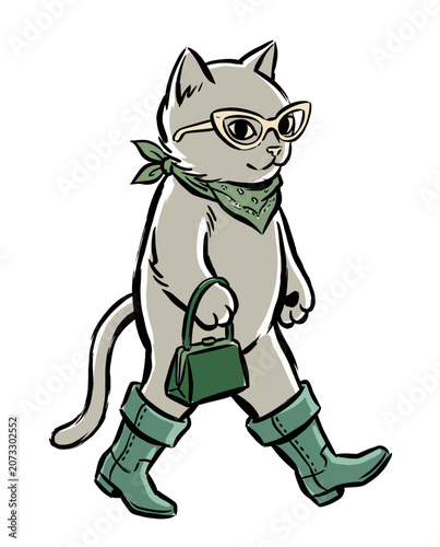 Εκτύπωση καμβά Stylish illustration of an anthropomorphic grey cat walking confidently, featuring trendy cat-eye glasses, a green patterned bandana, chic boots, and a green handbag on a white background