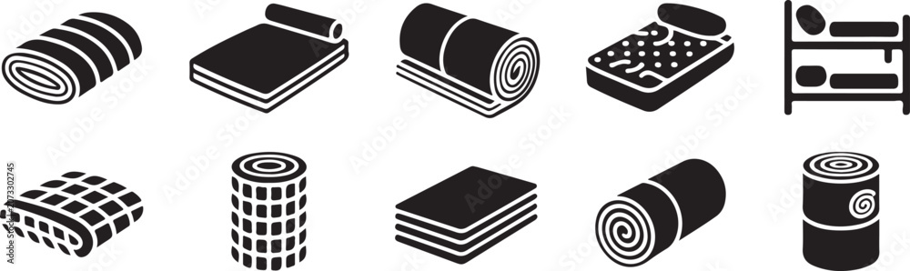 Naklejka premium Sleep and rest furniture symbols showing rolled foam pads mattresses blankets folded fabrics and bunk beds for lodging needs.