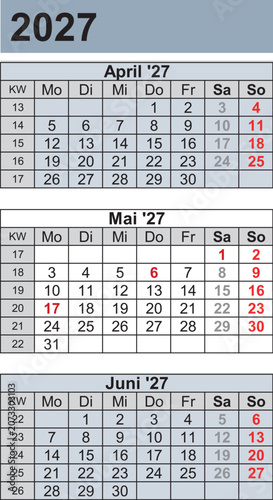 Kalender 2027 three month per page