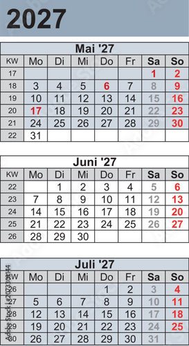 Kalender 2027 three month per page