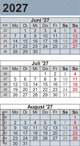 Kalender 2027 three month per page