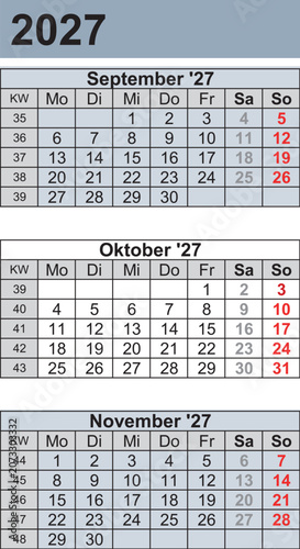 Kalender 2027 three month per page