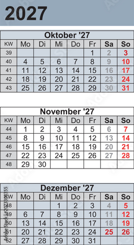 Kalender 2027 three month per page