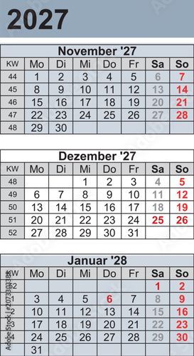 Kalender 2027 three month per page