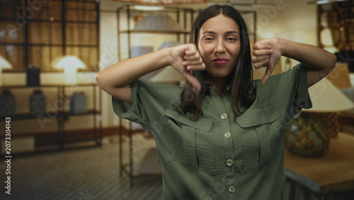 Fotografija Young brunette woman gives thumbs down with both hands and pursed lips in lamp store aisle; disapproval customer review