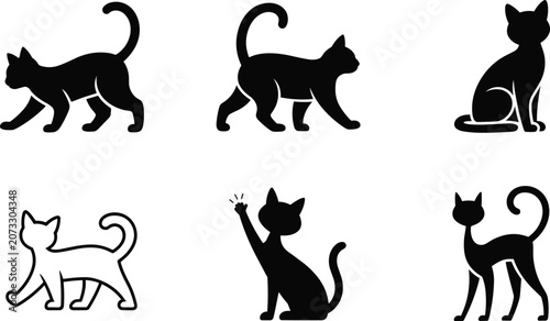 Картината върху платно Black Silhouette Collection of Cats in Stylized Walking, Sitting, and Playful Po