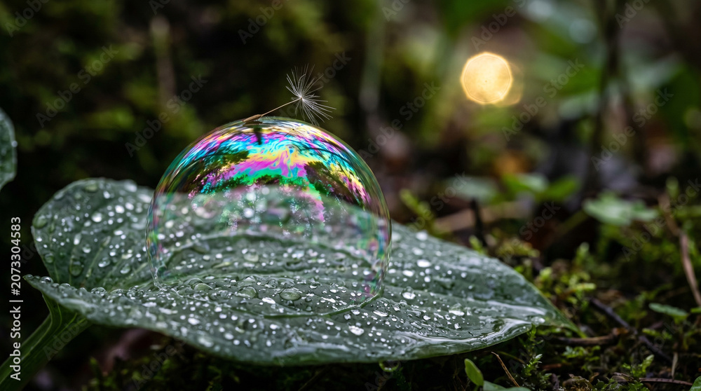 Naklejka premium Large iridescent soap bubble sitting on a wet leaf in a garden with blurred background