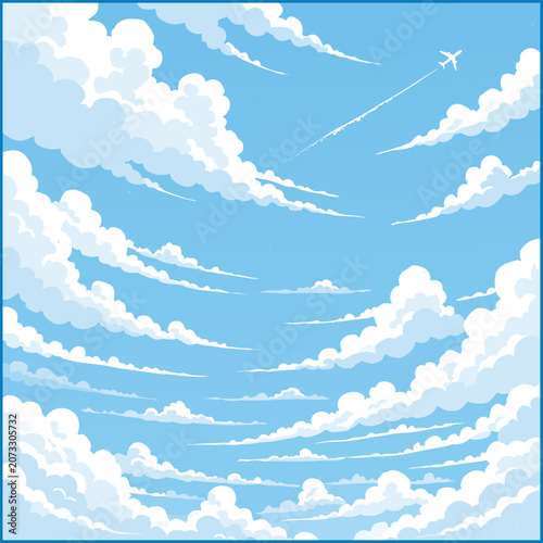 Soft Watercolor Blue Sky Background with Clouds and Airplane Trail